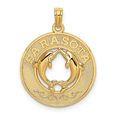 Image of 14K Yellow Gold Sarasota Round Frame w/ Dolphins Pendant