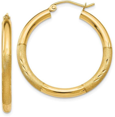 Image of 30mm 14K Yellow Gold Satin & Shiny-Cut 3mm Round Hoop Earrings TC288
