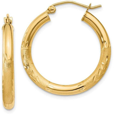 Image of 25mm 14K Yellow Gold Satin & Shiny-Cut 3mm Round Hoop Earrings TC289