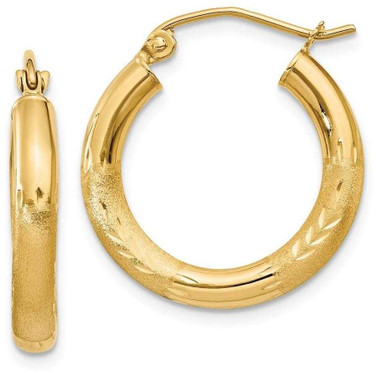 Image of 20mm 14K Yellow Gold Satin & Shiny-Cut 3mm Round Hoop Earrings TC290