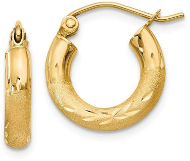 Image of 14mm 14K Yellow Gold Satin & Shiny-Cut 3mm Round Hoop Earrings TC292