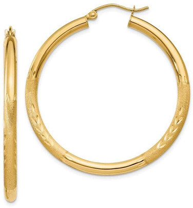 Image of 40mm 14K Yellow Gold Satin & Shiny-Cut 3mm Round Hoop Earrings TC293