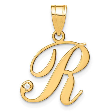 Image of 14K Yellow Gold Script Letter R Initial Pendant with Diamond