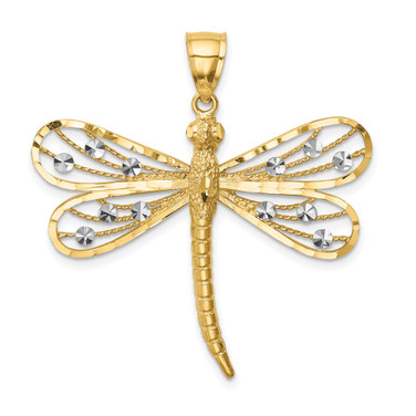 14k Yellow Gold Shiny-Cut White Rhodium Dragonfly Pendant