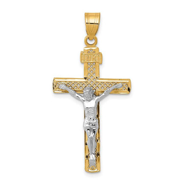 Image of 14K Yellow Gold Two-Tone Shiny-Cut Large Block Lattice Cross w/ Crucifix Pendant