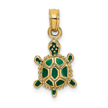 Image of 14K Yellow Gold w/ Green Enamel 3-D Land Turtle Pendant