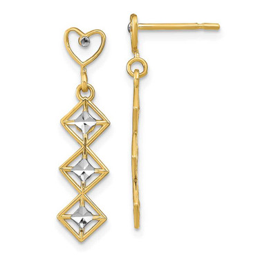 Image of 14K Yellow Gold w/ Rhodium Shiny-Cut Heart Kite-Shaped Post Dangle Earrings
