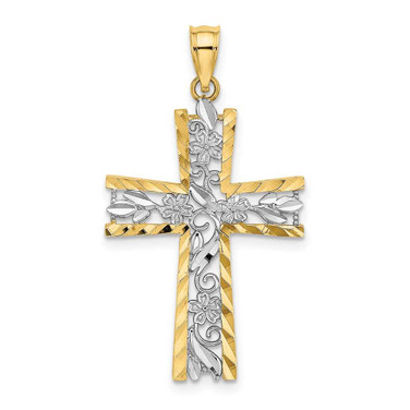 Image of 14K Yellow Gold w/ Rhodium-Plated & Shiny-Cut Flower Design Cross Pendant