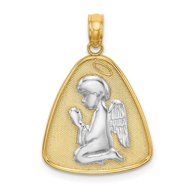 Image of 14K Yellow Gold w/Rhodium Angel Praying w/Halo On Triangle Disc Pendant Image of 14K Yellow Gold w/Rhodium Angel Praying w/Halo On Triangle Disc Pendant