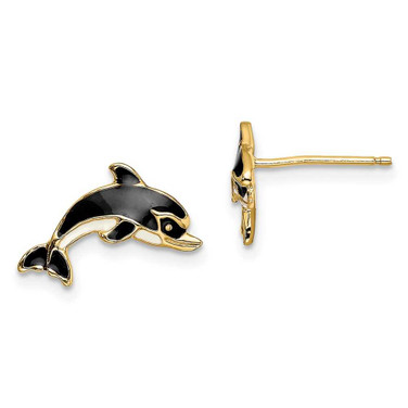 Image of 8.3mm 14K Yellow Gold White & Blue Enamel Dolphin Stud Post Earrings