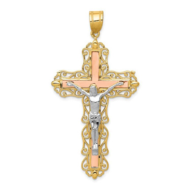 Image of 14K Yellow, White & Rose Gold Shiny-Cut Crucifix Pendant D3647