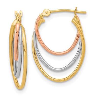 Image of 21.2mm 14k Yellow, White & Rose Gold Shiny-Cut Graduated 3 Ring Hoop Earrings