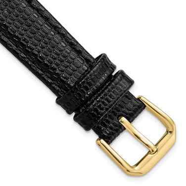 Image of 16mm 6.75" Short Black Lizard Style Grain Leather Gold-tone Buckle Watch Band