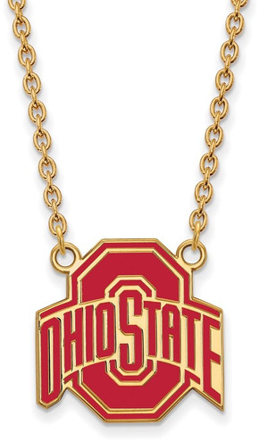 18" Gold Plated Sterling Silver Ohio State U Large Enamel Pendant LogoArt Necklace