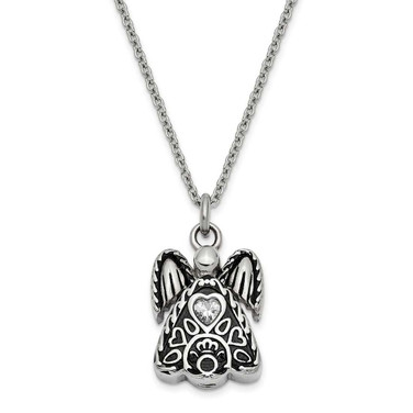 Image of 18" Stainless Steel April CZ Antiqued Urn Ash Holder Heart Simulated Birthstone Necklace