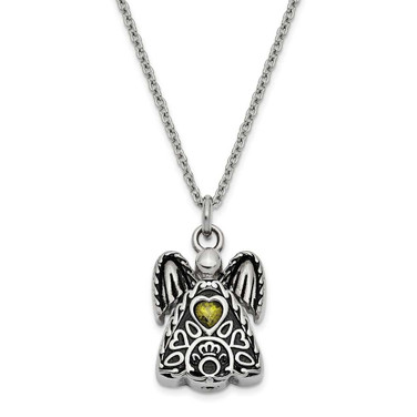 Image of 18" Stainless Steel August CZ Antiqued Urn Ash Holder Heart Simulated Birthstone Necklace
