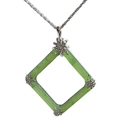18" Sterling Silver & Nephrite Jade Square Floral Pendant Necklace
