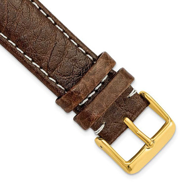 Image of 20mm 8.5" Long Brown Leather White Stitch Gold-tone Buckle Watch Band