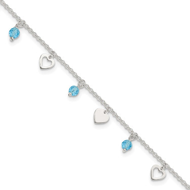 9"+1" Sterling Silver Polished Heart and Blue Glass Anklet