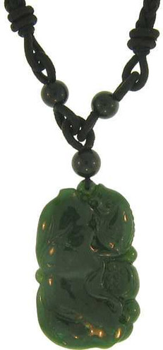 Image of Adjustable Natural Carved Green Nephrite Jade w/ Lotus Flower & Fish Motif On Silk Cord Necklace