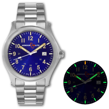 Image of ArmourLite Field Series Tritium Mens Watch AL103 - Swiss Made - 42mm - Blue Dial - Shatterproof Armourglass - Steel Band