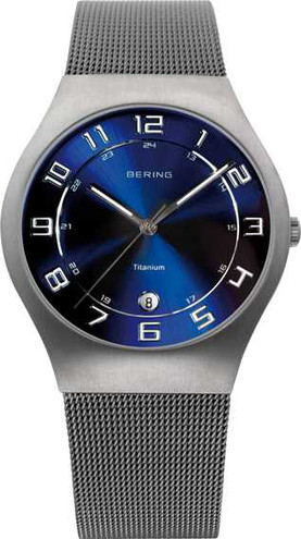 Image of Bering Time - Classic - Mens Silver-Tone Titanium Case Mesh Watch with Blue Dial 11937-078
