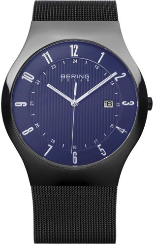 Image of Bering Time - Solar Collection - Mens Black Mesh Watch with Blue Dial & Date 14640-227