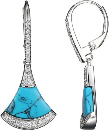 Charles Garnier Rhodium Finish Sterling Silver Fan-Shaped Earrings w/ Simulated Turquoise & CZ