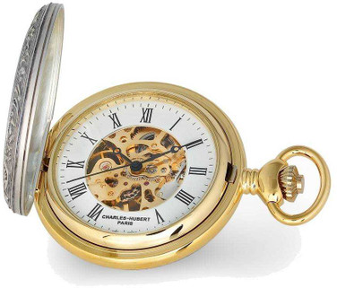 Image of Charles Hubert 2-tone Ribbon & Shield Skeleton Dial Pocket Watch