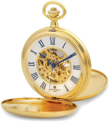 Charles Hubert Gold-Finish Double Cover Striped w/ Shield Pocket Watch