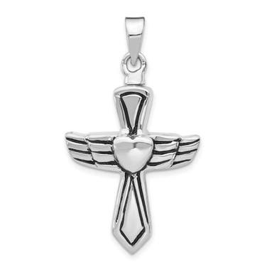 Image of Cremation Jewelry - Rhodium-plated Sterling Silver Antiqued Cross w/ Heart Ash Holder Pendant