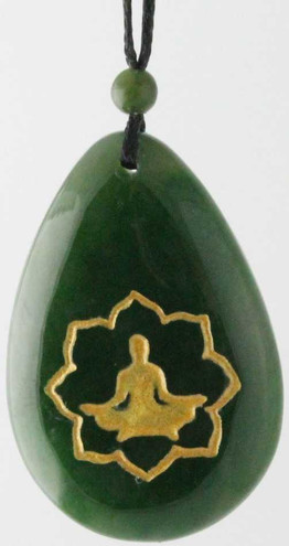 Image of Genuine Natural Nephrite Jade Teardrop Pendant w/ Praying Buddha & Lotus Carving