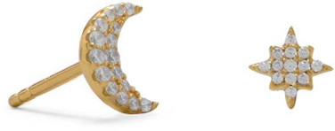 Image of Gold-plated Sterling Silver CZ Moon and Star Stud Earrings