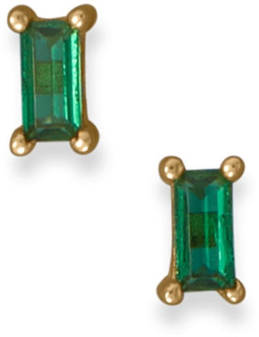 Gold-plated Sterling Silver Green Baguette CZ Earrings
