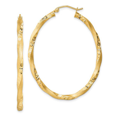 Image of 48mm Gold-Plated Sterling Silver Twisted Shiny-Cut Satin Oval Hoop Earrings Image of 48mm Gold-Plated Sterling Silver Twisted Shiny-Cut Satin Oval Hoop Earrings
