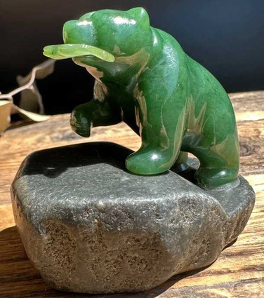 Image of Jade Bear with Fish on Granite Base