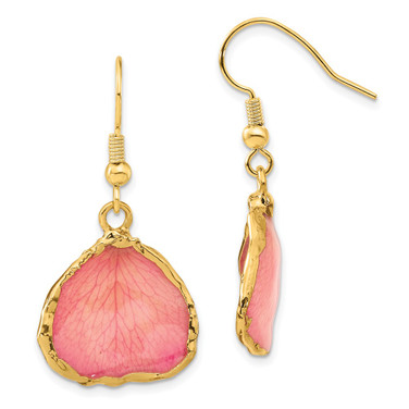 35mm Lacquer Dipped Gold-Plated Trim Pink Rose Petal Dangle Earrings