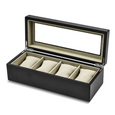 Image of Matte Black Wood 4 Watch Box w/ Glass Top and Velour Lining & Pillows