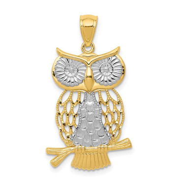 Image of Mens 14K Yellow Gold and Rhodium Shiny-Cut Polished Moveable Owl Pendant