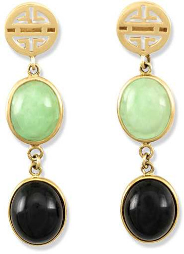 Image of Natural Green Jadeite & Black Nephrite Jade with 14K Yellow Gold Chinese Character Tops Earrings