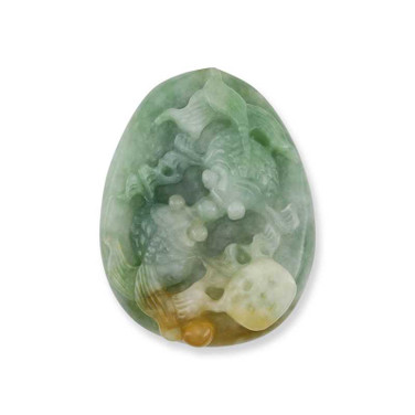 Image of Natural Green Jadeite Jade Loose Carved Double Fish w/ Coin