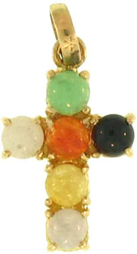 Image of Natural Multi-Color Jadeite Jade Round Stones Set 14K Yellow Gold Cross Pendant