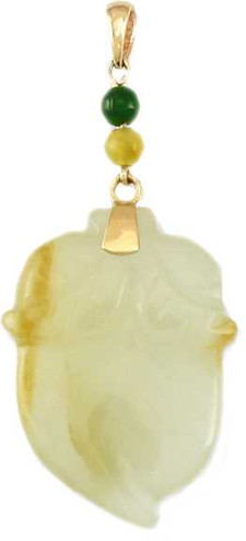 Image of Natural Yellow Jadeite Jade Carved Acorn w/ Yellow & Green Bead w/ 14K Yellow Gold Pendant