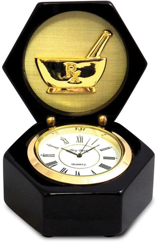 Pharmacy Lacquered Black Wood Quartz Clock in Box (Gifts)