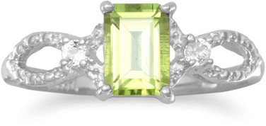Rhodium Plated Peridot and White Topaz Ring 925 Sterling Silver