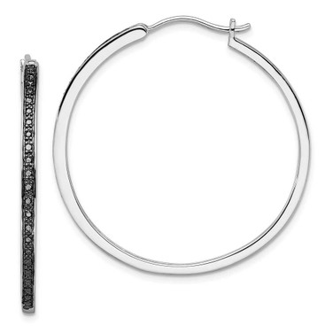 Image of 40mm Rhodium-Plated Sterling Silver Black Diamond Hoop Earrings QE10927