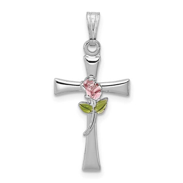 Image of Rhodium-Plated Sterling Silver Cross w/ Epoxy Rose Flower Center Pendant