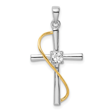 Rhodium-Plated Sterling Silver Gold-Tone Polished w/ CZ Cross Pendant