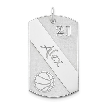 Rhodium-plated Sterling Silver Personalized Basketball Dog Tag Pendant