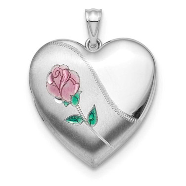 Image of Rhodium-Plated Sterling Silver Satin, Enameled, Shiny-Cut Rose Locket Pendant